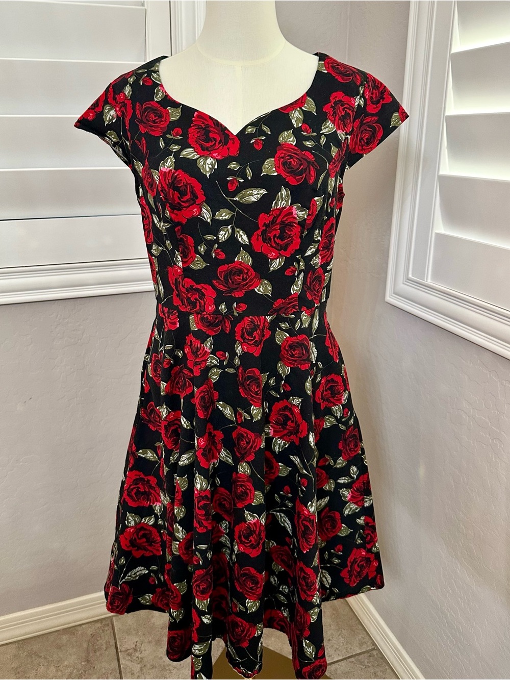 Rockabilly Flair. Black Dress with Red Rose Print - Fit & Flare Women's Dress